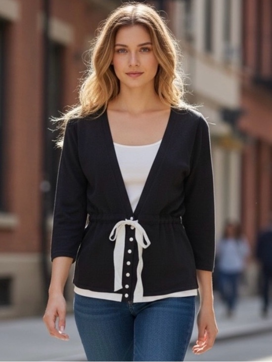 White House Black Market Sweaters - White House Black Market Black Cardigan with White Accents